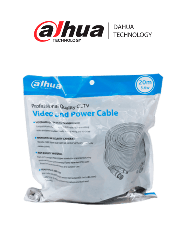 DAHUA DH-PFM942I-20-5-Cable armado de 20 metros para video y energía, compatible con cámaras hasta 4K. Incluye conectores BNC y de energía, ideal para uso interior y exterior. Fabricado con cobre de alta pureza, soporta AHD, CVI, TVI, y CVBS.