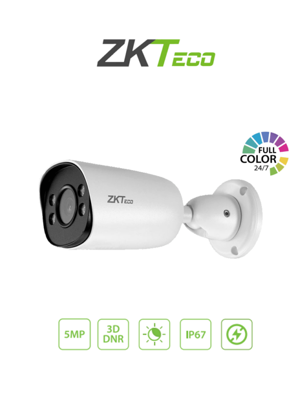 ZKTECO BS855P12CS7CMI - Cámara IP Bullet Full Color 5MP / Compresión H.265 / Lente 3.6 mm / Alcance IR 20mts / Detección Facial / Micrófono Integrado / Carcasa metálica / PoE / IP67 / P2P / ONVIF Profile S