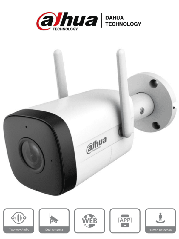 DAHUA IPC-HFW1230DT-STW - Cámara IP Bullet Wifi de 2 Megapixeles/ Lente de 2.8 mm/ 100 Grados de Apertura/ IR de 30 Metros/ H.265/ Microfono y Altavoz Integrados/ Ranura MicroSD/ IP67/ Detección de Movimiento #KitDahua