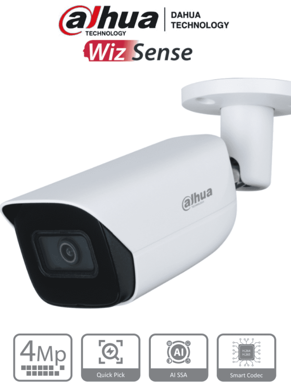 DAHUA IPC-HFW3441E-S-S2 - Camara IP Bullet de 4 Megapixeles con IA/ WizSense/ Lente de 2.8mm/ 107 Grados de Apertura/ Microfono Integrado/ IR de 50 Metros/ SMD 4.0/ Quick Pick/ AI SSA/ WDR Real/ IP67/ Ranura para MicroSD/ PoE/