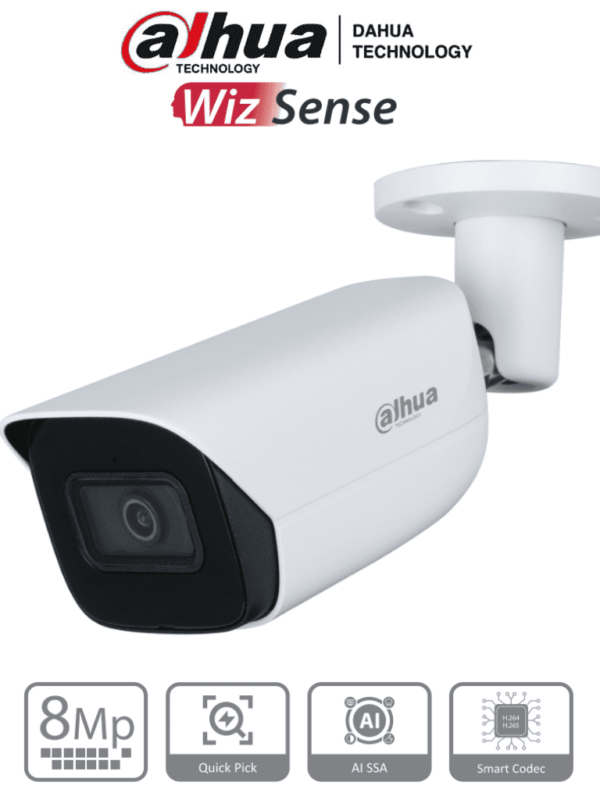 DAHUA IPC-HFW3841E-AS-S2 - Camara IP Bullet de 8 Megapixeles con IA/ WizSense/ Lente de 2.8 mm/ 107 Grados de Apertura/ H.265+/ Microfono Integrado/ 1 E&S de Alarma y Audio/ SMD 4.0/ WDR Real/ Quick Pick AI SSA/ PoE/ IP67/