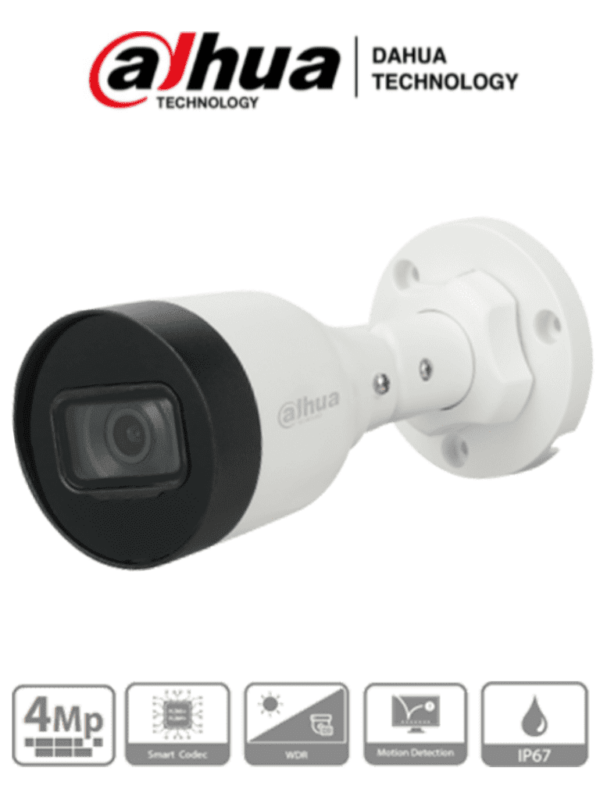 DAHUA IPC-HFW1431S1-A-S4 - Cámara IP Bullet de 4 Megapixeles lente de 2.8 mm con ángulo de visión de 104 grados, IR de 30 m, compresión H.265+, micrófono integrado, PoE, WDR real, protección IP67 para uso en exteriores.