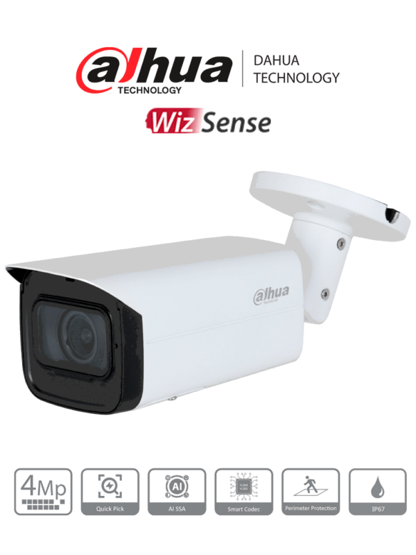 DAHUA DH-IPC-HFW3441T-ZS-S2- Cámara IP Bullet de 4 MP/ WizSense/ Lente Motorizado de 2.7 a 13.5mm/ IR de 60 Metros/ H.265+/ WDR Real/ Protección Perimetral/ IP67/ PoE/ SMD Plus/