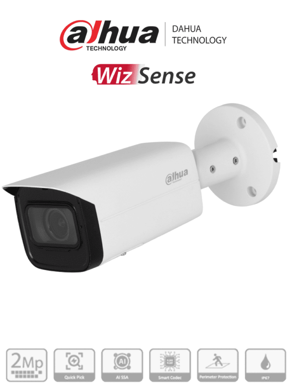 DAHUA IPC-HFW3241T-ZAS-S2 - Camara IP Bullet de 2 Megapixeles/ WizSense/ Lente Motorizado de 2.7 a 13 mm/ IR de 60 Metros/ Micrófono Integrado/ IA/ SMD 4.0/ AI SSA/ QuickPick/ E&S de Alarma y Audio/ IP67/ PoE/ Ranura para Micro SD/