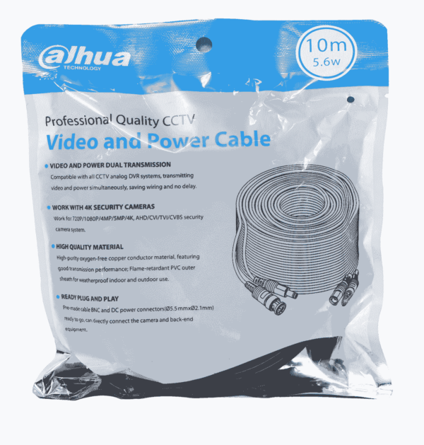 DAHUA DH-PFM942I-10-5 - Cable de 10 Metros Armado para Video y Energía/ Para Camaras Hasta 4k/ con Conectores BNC y de Energía/ Uso Exterior e Interior/ Cobre de Alta Pureza/ Soporta: AHD/CVI/TVI/CVBS/