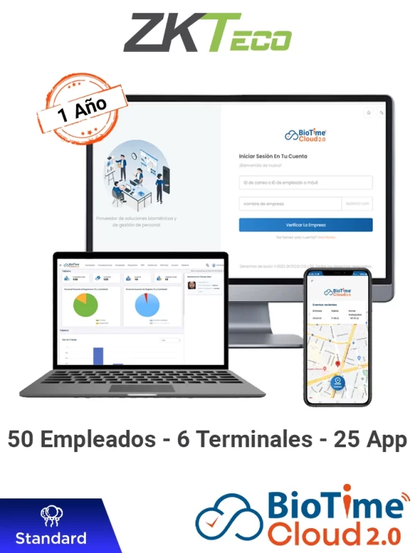 ZKTECO BIOTIMECLOUDSTANDARD - Licencia de Asistencia en la Nube para 50 Empleados, 6 Terminales, 75,000 Eventos y 25 Cuentas de App, Suscripción por un Año #BC2