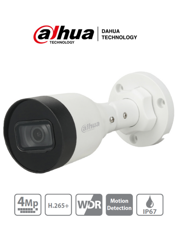 DAHUA IPC-HFW1431S1-S4 - Cámara IP Bullet de 4 Megapixelescon compresión H.265+, lente de 2.8 mm, ángulo de visión de 93°, IR de 30 m, 30 FPS, tecnología WDR, y certificación IP67 para resistencia al agua y polvo.