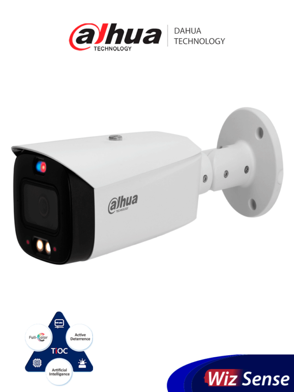 DAHUA IPC-HFW3449T1-AS-PV Cámara IP Bullet 4MP/ TiOC/ WizSense/ Iluminador Dual Inteligente/ Disuasión Activa/ Lente 3.6mm/ 30 Metros de IR y Luz Visible/ Sirena y Estrobo Azul y Rojo/ SMD 4.0/ Ranura Micro SD/ E&S de Alarma y Audio/ IP67.