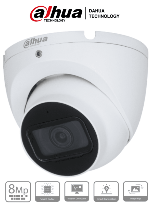 DAHUA IPC-HDW1830T-S6 - Camara IP Domo 4k/ 8 Megapixeles/ Lente de 2.8 mm/ 105 Grados de Apertura/ Micrófono Integrado/ IR de 30 Metros/ Metálica/ H.265/ IP67/ DWDR/ PoE/