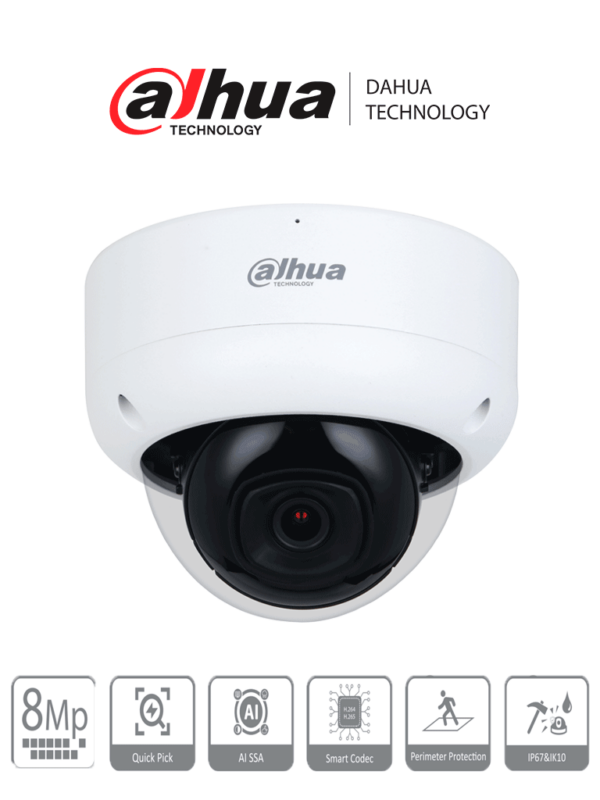 DAHUA DH-IPC-HDBW3841E-AS-S2 - Camara IP Domo Antivandalica 4k/ 8 Megapixeles/ WizSense/ Lente de 2.8 mm/ 107 Grados de Apertura/ SMD 4.0/ AI SSA/ Ranura MicroSD/ PoE/ IP67/ IK10/ #LoNuevo