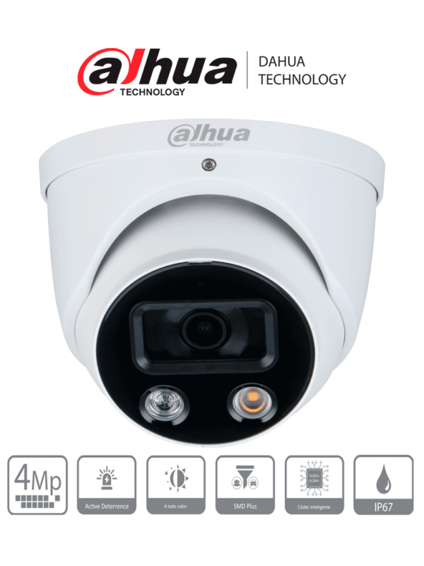 DAHUA DH-IPC-HDW3449H-AS-PV - Camara IP Domo TiOC de 4 Megapixeles/ WizSense/ Lente de 2.8 mm/ Angulo de 101 Grados/ Iluminador Dual/ Sirena/ Estrobo Azul y Rojo/IR 30m/ SMD 4.0/ Microfono Integrado/ Ranura MicroSD/ IP67/ PoE/ #LoNuevo