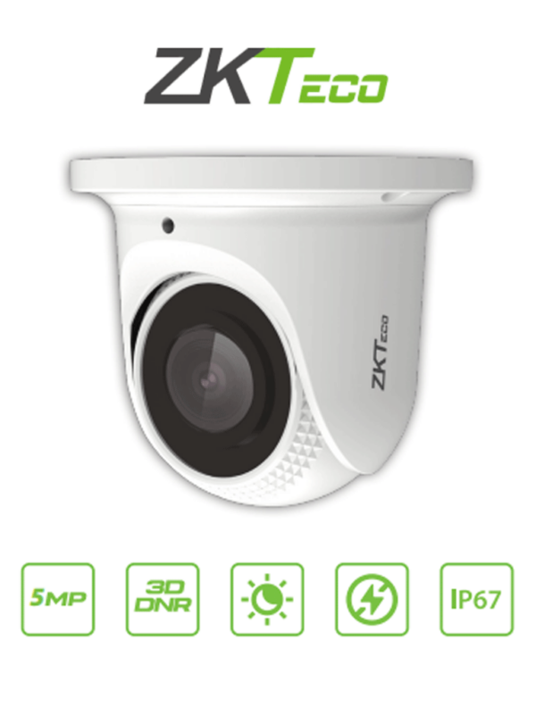 ZKTECO ES855P21CS7MI- Cámara IP Domo 5 Megapíxeles / Compresión H.265 / Lente de 2.8 mm / Alcance IR 30 mts / Micrófono Integrado / Carcasa metálica / PoE / IP67 / P2P / ONVIF Profile S